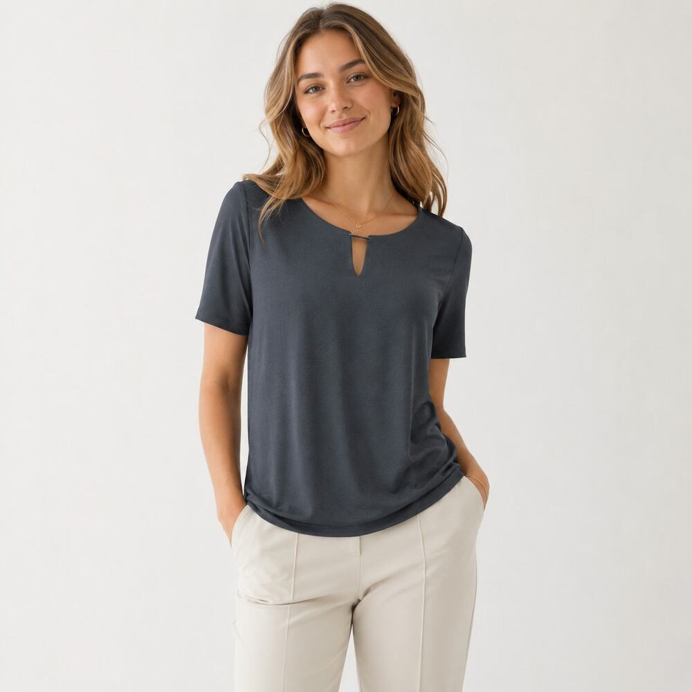 Susan Graver Liquid Knit Blouse Women's Size L  Gray Minimalist Business Casual